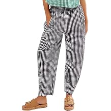 Ogfao Women's Plaid Pant Gingham Lounge Pants Wide Leg Mid Rise Elastic Waist Checkered Long Trousers with Pockets