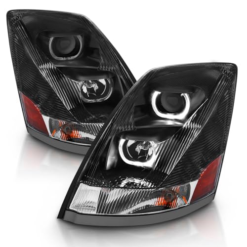 AmeriLite Black Dual LED Halo Projector Replacement Headlights Pair For 2004-2017 VNVNL Heavy Big Rig Truck