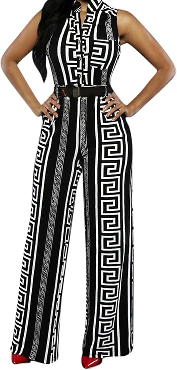 Pink Queen Women's Button Up Printed Long Wide Leg Pant Party Jumpsuits with Belt