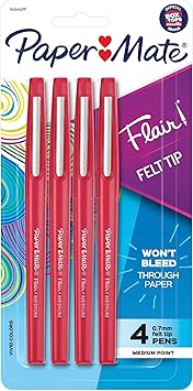 Paper Mate Flair Felt Tip Pens, Medium Point 0.7mm, Red, 4 Count