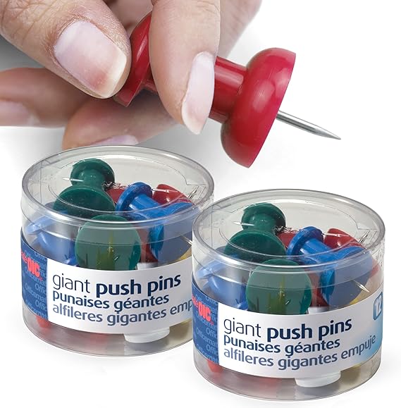 Officemate Giant Push Pins, 1.5 Assorted Colors, 2 Tubs of 12 92905
