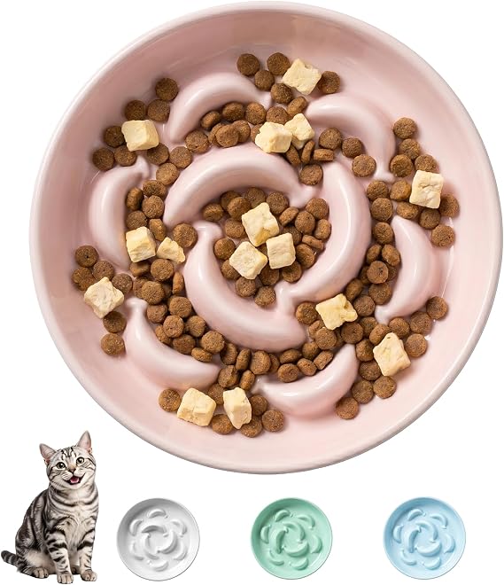 Ceramic Cat Slow Feeder Bowl - Pastel Series Cat Plate for Dry and Wet Food - Cute Maze Feeder Dish for Healthy Eating - Dishwasher Safe - 6.3''W x 1.2''H - 7 OZ - Light Pink