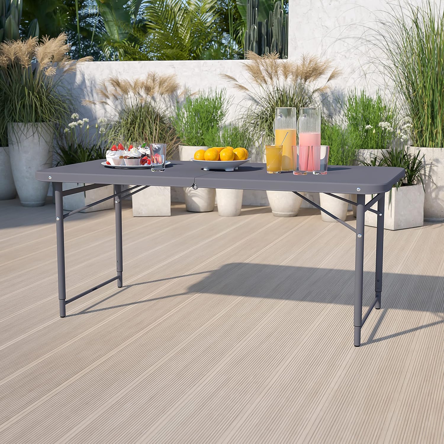 EMMA  OLIVER 4-Foot Height Adjustable Bi-Fold Dark Gray Plastic Folding Table with Handle
