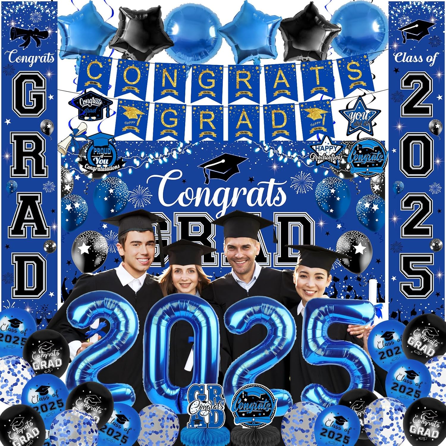 Graduation Decorations 2025, 43-Piece Luxury Blue Party Supplies Set with Balloons, Banner, Backdrop, Hanging Swirls, Honeycomb Table Decor & Photo Props for College & High School Graduation Ceremony