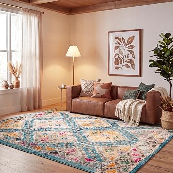 SAFAVIEH Area Rug 8x10 - Madison Collection - Large - Dark Blue & Yellow, Boho Diamond Distressed Design, Non-Shedding & Easy Cleaning, Ideal for Living Room, Bedroom, Office, Dining Space (MAD418N)