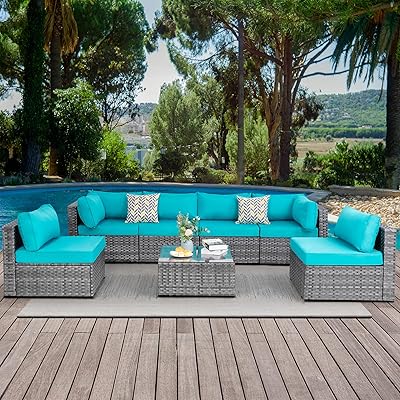 Walsunny Outdoor 7 Piece Patio Sectional Furniture Set, Outdoor Sofa Couch Patio Wicker Furniture Black Rattan Conversation Set, Blue